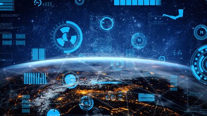 A stunning visualization of Earth from space featuring various data graphs, digital elements, and a bright cosmic background, symbolizing modern technology and global connectivity. Xenic