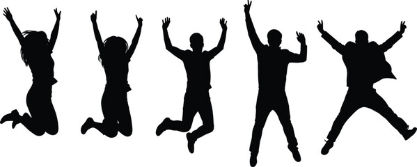 Jumping silhouettes, people in motion, energy, celebration, joy, active poses, freedom