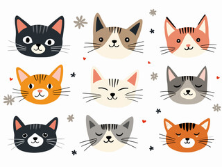 Set of stickers with funny cat faces. Collection with cute kitten heads isolated on gray background