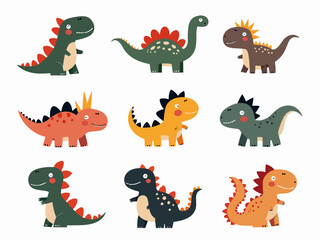 Cute flat herbivore dinosaur, cartoon dinosaurs and reptiles. Dino doodle characters, children jurassic park animals. Prehistoric monsters classy vector set