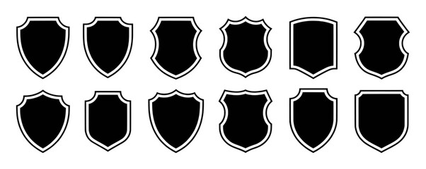 Collection of Black Shield Icons on White Background