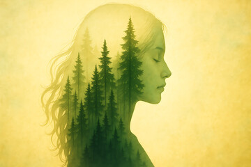 Woman silhouette with forest double exposure portrait. Nature and human connection concept. Mental health and inner peace illustration. Environmental harmony and emotional wellness artwork.