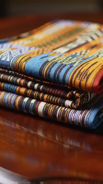 Colorful African fabrics stacked.