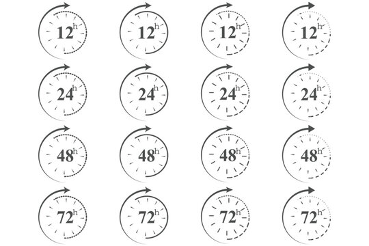 Icon Sheet and Mini Clocks Bundle. Grid of small black timer icons, clock icons, Multiple columns of small. Set of 16 circular clock icons showing 1 to 12 hours with bold numbers and clockwise arrows.