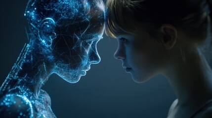 Medical science visualization showing a girl meeting her digital twin, represented by a wireframe model of a human head, symbolizing the potential of digital health and personalized medicine