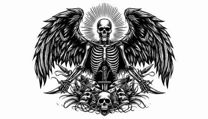 Grim Reaper angel with wings and swords, dark art