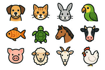 Fototapeta premium Cute animal faces: dog, cat, rabbit, parrot, fish, turtle, horse, cow, pig, sheep, goat, chicken