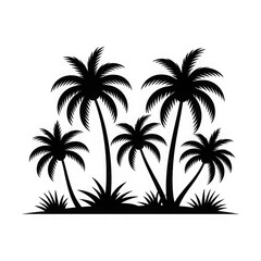 Vector silhouette illustration of various palm trees and grass tufts scattered across a white background design.