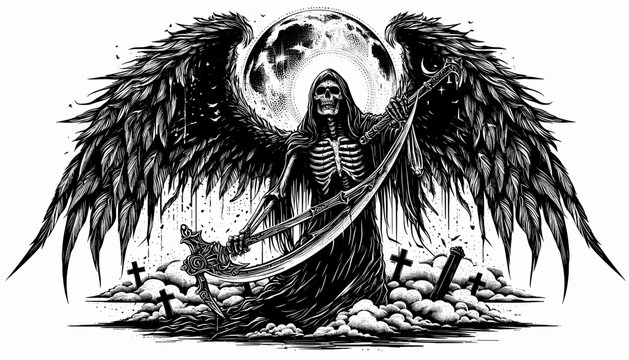 Grim Reaper angel with wings and swords, dark art