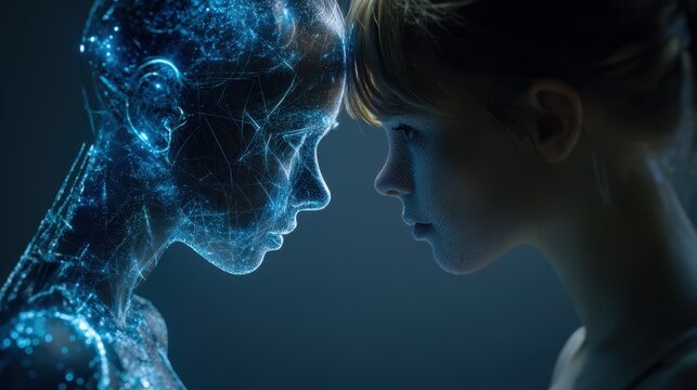 Medical science visualization showing a girl meeting her digital twin, represented by a wireframe model of a human head, symbolizing the potential of digital health and personalized medicine