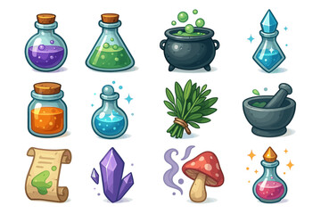 Magical potion ingredients and tools collection with cauldron and crystal