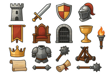 Medieval icon set: sword, armor, helm, castle, crown, shield, catapult, scroll, torch, banner