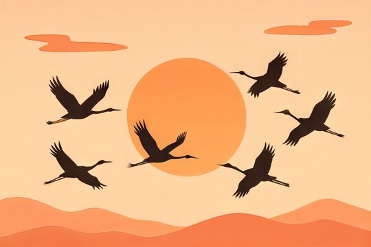 a flock of cranes flying against a sunset sky with a large sun and mountains in the background