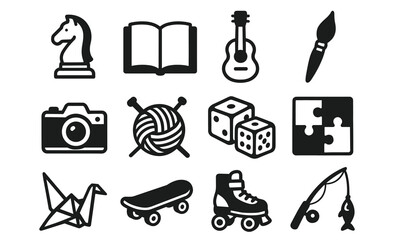 Fototapeta premium Collection of hobby and leisure icons including chess, music, and art