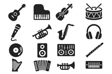 Obraz premium Icon set of musical instruments including guitar, piano, violin, and drums