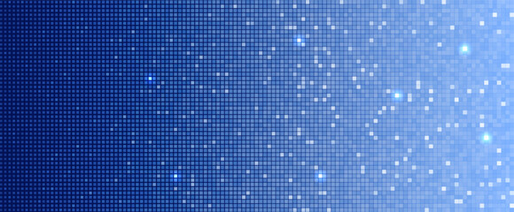 Blue pixel grid glowing particles scattered across digital gradient background. Futuristic cyber pattern for tech UI, data network, AI, technology innovation project design. Vector Illustration