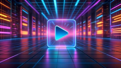Futuristic glowing play button icon in a neon lit digital corridor with reflective floor and vibrant purple and blue lights creating a sense of motion and technology