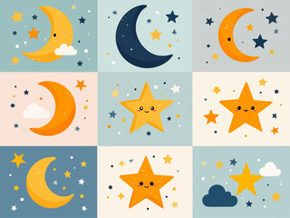 Cute Moon And Star Pattern With Smiling Faces For Nursery Wall Decor And Kids Content