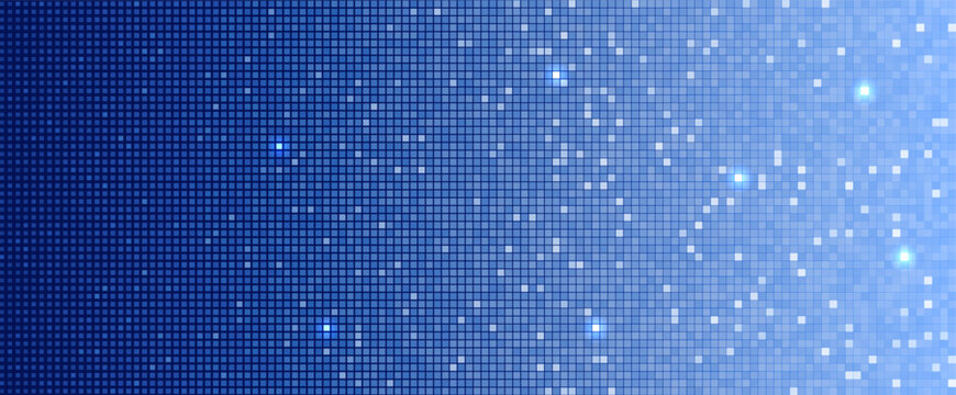 Blue pixel grid glowing particles scattered across digital gradient background. Futuristic cyber pattern for tech UI, data network, AI, technology innovation project design. Vector Illustration
