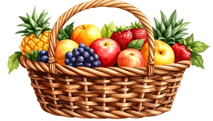A vibrant, hand-drawn basket overflowing with a variety of colorful fruits, including pineapples, apples, peaches, strawberries, and grapes, is depicted against a white background.