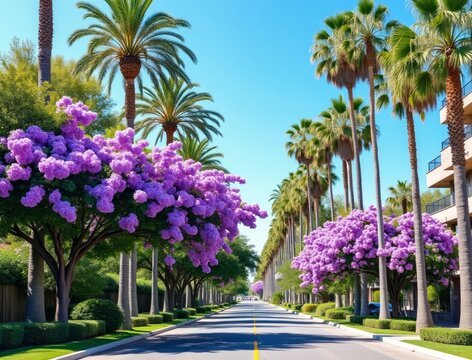Vibrant purple jacaranda trees line a sunny street with tall palm trees