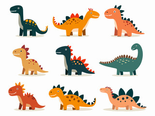 Cute Cartoon Dinosaur Set: Colorful Dinosaurs On White Background for Kids and Education