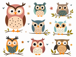 set of owls on a branch