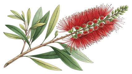 A botanical illustration of a bottle brush flower