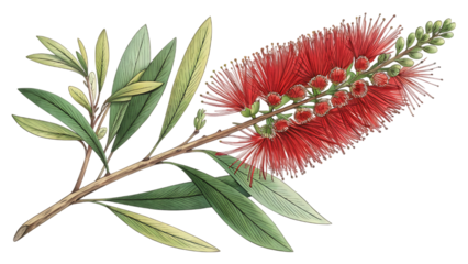 A botanical illustration of a bottle brush flower