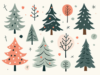 A festive set of green Christmas pine trees vector illustrations for a winter holiday background design