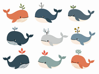Whales With Plant Hats Playful Family of Whales Illustration for Kids and Ocean Decor
