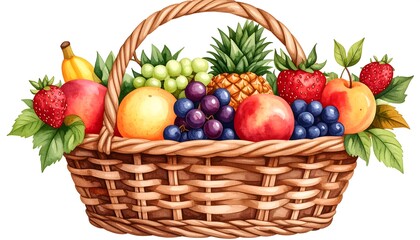 A colorful assortment of fresh fruits, including strawberries, grapes, peaches, apples, bananas, and pineapple, nestled within a rustic, woven basket.