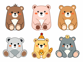 A cute collection of cartoon animal illustrations featuring a brown teddy bear, panda, and lion in a fun vector art set designed for baby icons