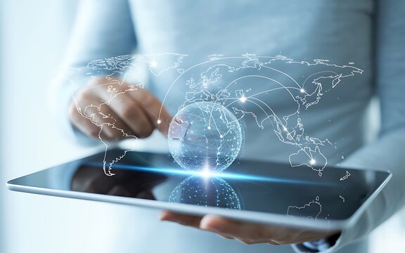 Global network connection on a digital tablet with world map and globe illustration representing international business and global communication strategy - Powered by Adobe
