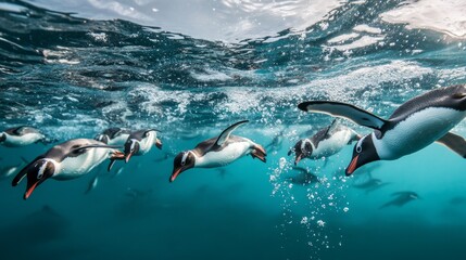 Fototapeta premium Swimming penguins in icy waters a dynamic underwater scene featuring antarctic wildlife