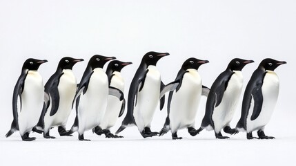 Waddling penguins in unison antarctic landscape wildlife photography icy environment side view group dynamics
