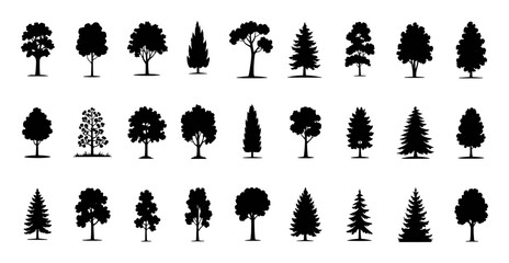 Collection of Black Tree Silhouettes on White Background