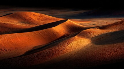 Sunrise hues on vast red dunes. Dramatic light paints curves of sand