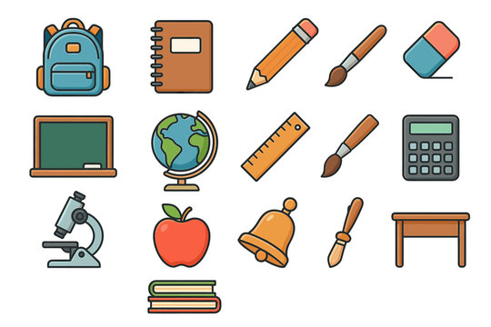 Colorful school icons: backpack, books, microscope, calculator, globe, apple, bell