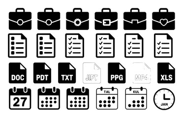 Collection of Business and Document Icons: Briefcases, Files, Calendars, and Clock