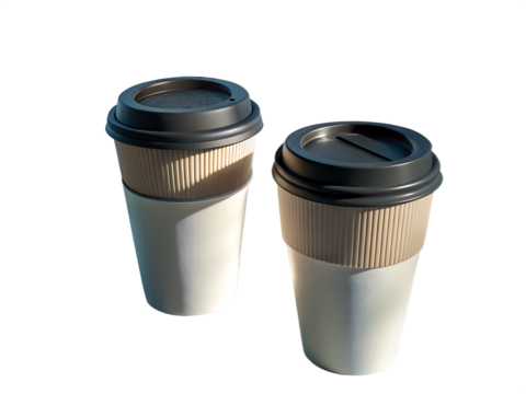 3d illustration of two takeaway coffee cups with black lids and brown cardboard sleeves, isolated on transparent background