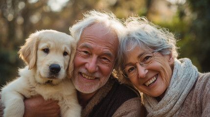 Portrait of happy senior couple with a dog sitting in a park. Happy elderly man and woman, with golden retriever puppy. Healthy elderly couple with pet, outdoors. Cute pet and owners.