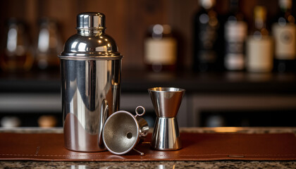 Stainless steel cocktail shaker and jigger on bar countertop  