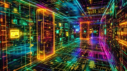 Dynamic cybernetic landscape hightech cyberspace digital art futuristic environment immersive viewpoint glowing binary concept