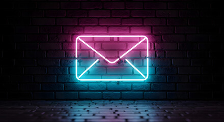 Neon email envelope symbol glowing brightly on a dark brick wall background