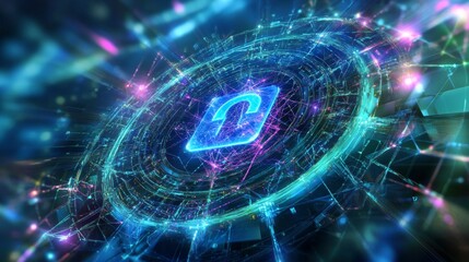 Obraz premium Unlocking the future a holographic lock icon in a web of innovations digital realm visual art futuristic perspective