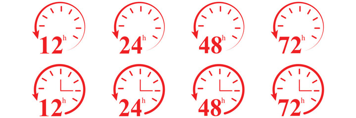 Compact UI and Repeating Clocks Pack. Red small-clock grid with arrow accents. 12, 24, 48 and 72 hours clock arrow. Delivery and service time. Hour timer icon set. 1, 2, 4, 8, 12, 24, 36 48, 72 hours 