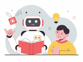 Advanced learning robot mentoring curious child with educational books and creative symbols