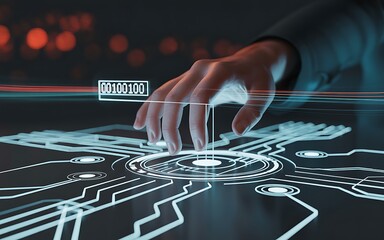 Human hand interacting with digital interface and binary code depicting advanced technology and future innovation showcasing connection and artificial intelligence