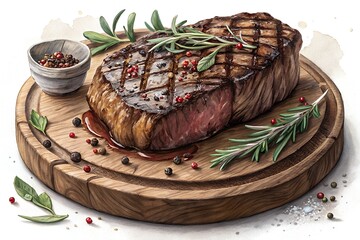 Juicy grilled steak with rosemary and peppercorns on a wooden board